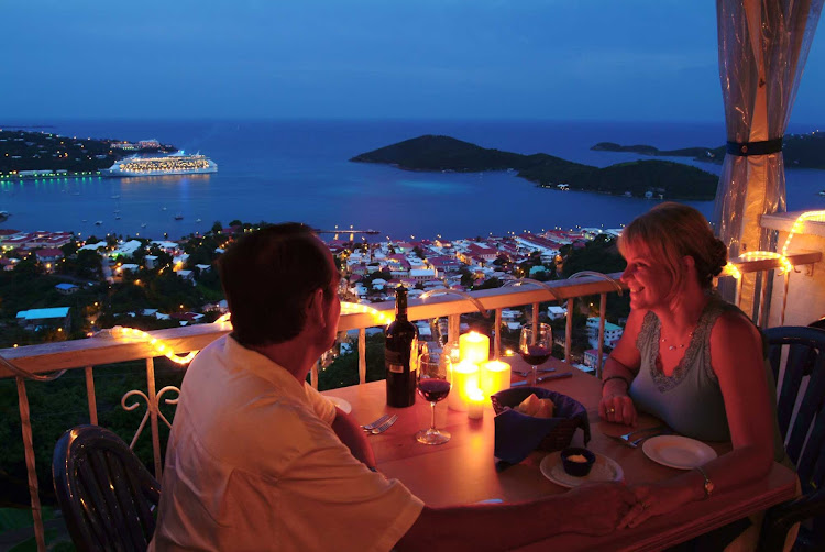 Romance is calling: Dine al fresco overlooking the St. Thomas harbor at twilight.