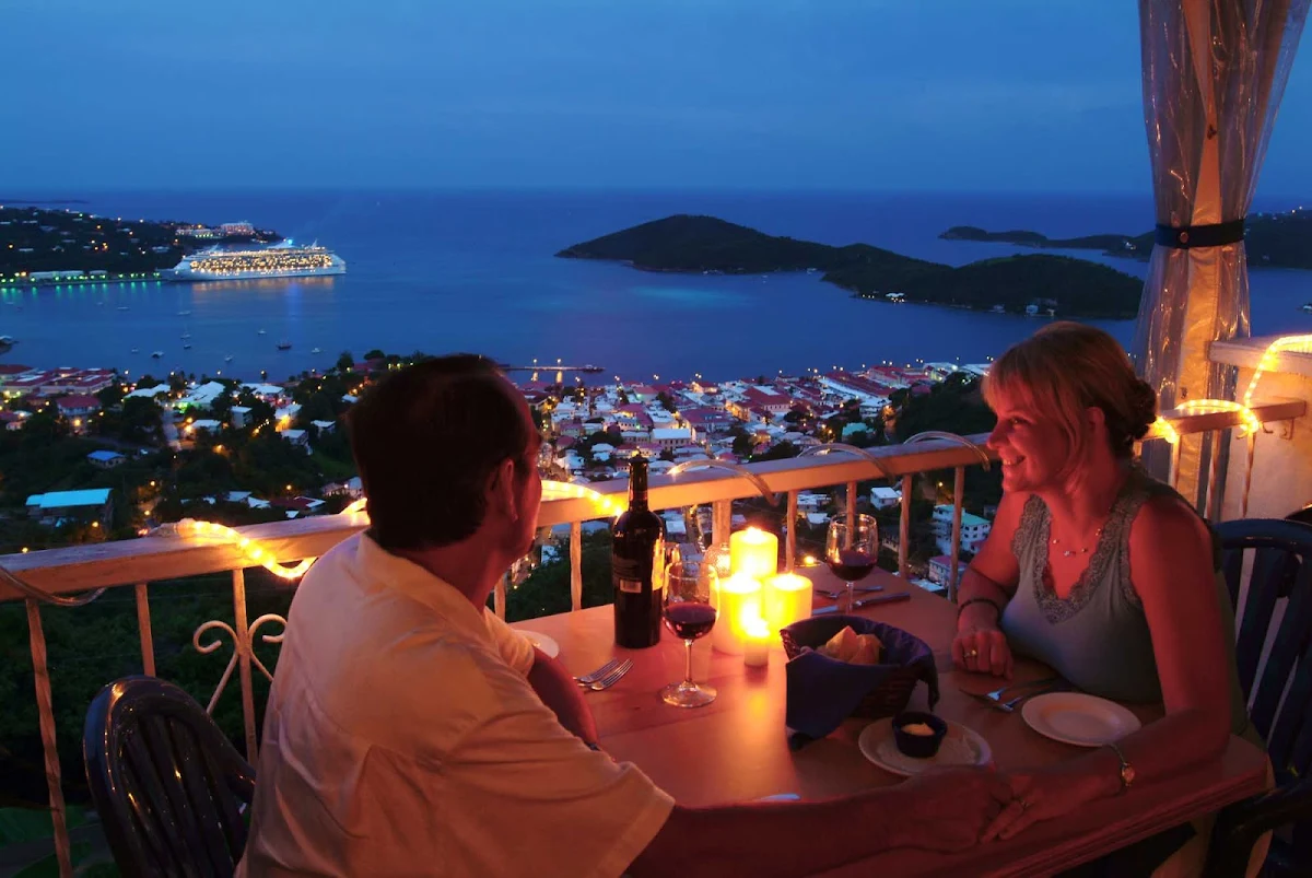 dine-bay-twilight-st-thomas-US-Virgin-Islands - Romance is calling: Dine al fresco overlooking the St. Thomas harbor at twilight.