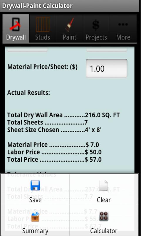 Drywall Calculators Screen 1