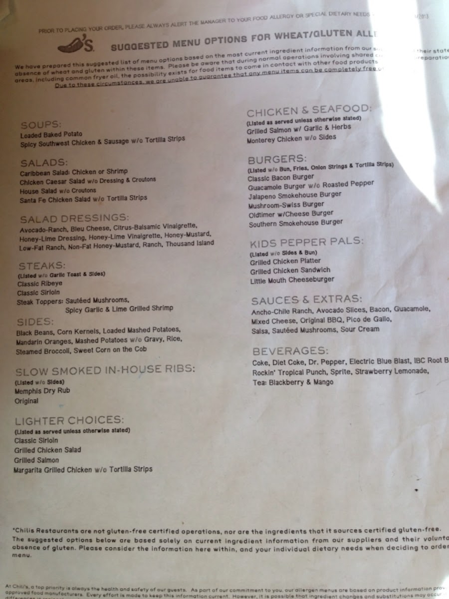 Chilis gluten free menu discount