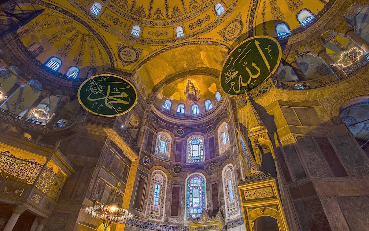 The interior of Hagia Sophia, built in 360 AD. It's now a museum called Ayasofya Müzesi, in Istanbul, Turkey.