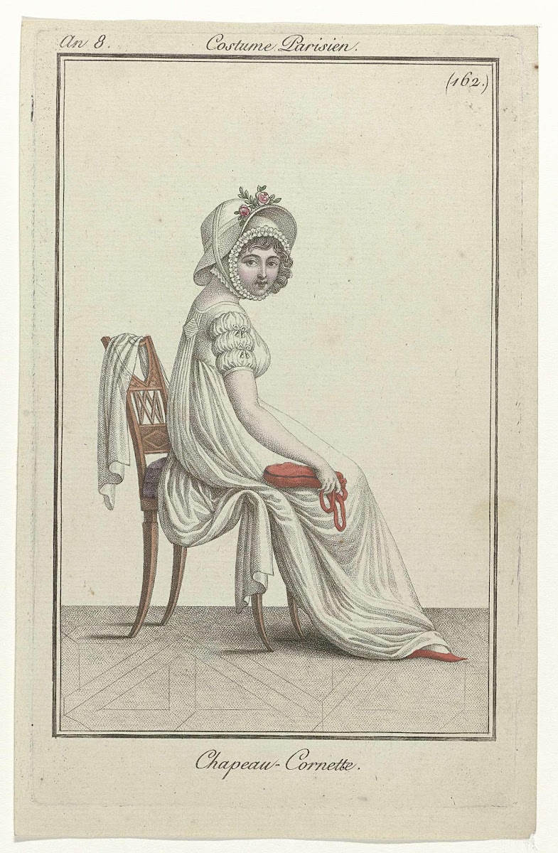 Journal des Dames et des Modes, Costume Parisien, 7 octobre 1799, An 8  (162) : Chapeau-Cornette - Anonymous, Pierre de la MŠsangŹre — Google Arts  & Culture