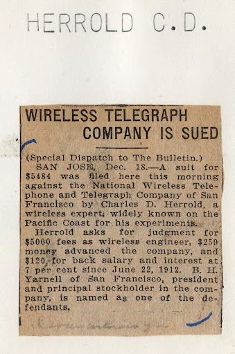 "Wireless Telegraph Company is Sued," San Francisco Call-Bulletin, ca. 1913