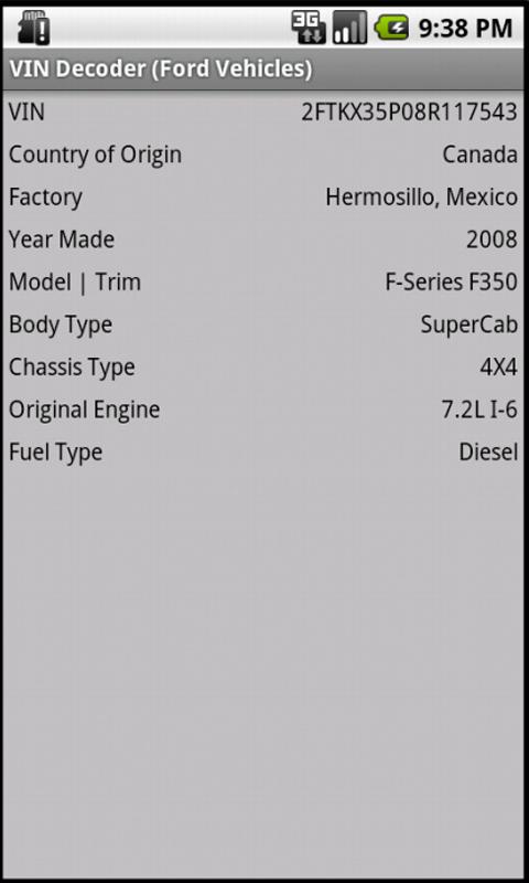 VIN Decoder (Ford Vehicles) Screen 3