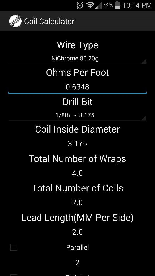 TBH Coil Calculator Screen 1