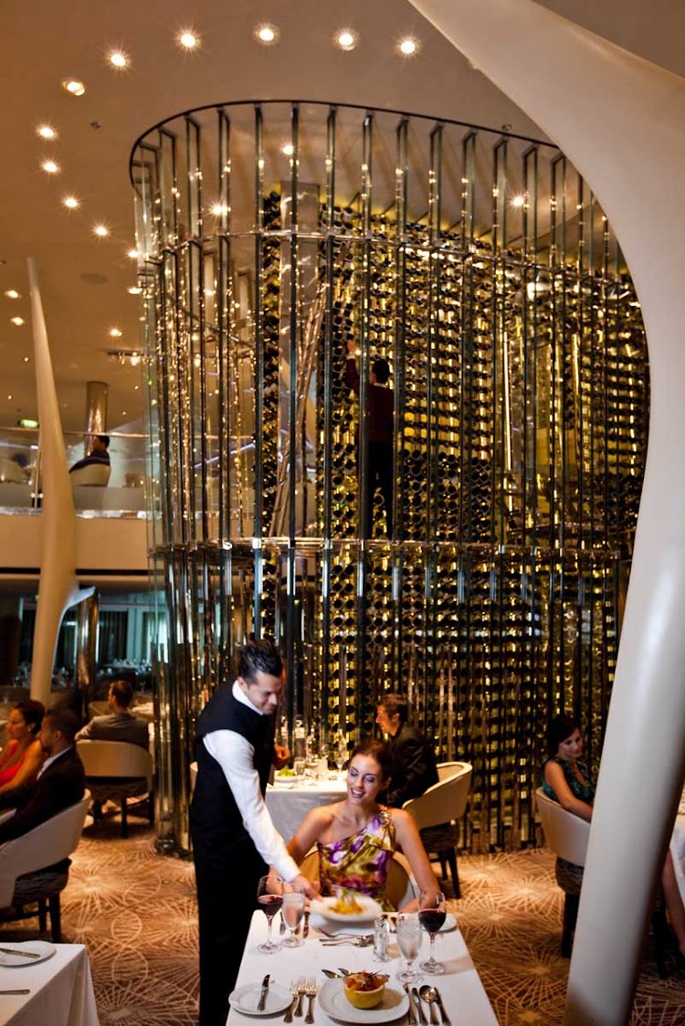 Celebrity Solstice's main dining room, Grand Epernay, features an impressive two-story wine tower.