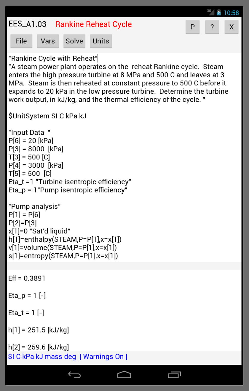 EES Equation Solver (Android) Screen 3
