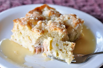 Rhubarb Streusel Cake with Warm Vanilla Sauce