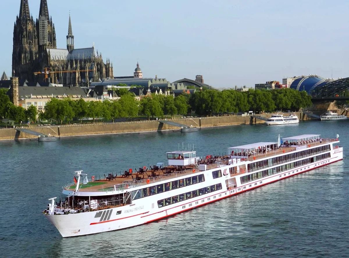 Viking-Prestige-in-Cologne -  Viking Prestige sailing the Danube through historic Cologne, Germany. The ship also calls on Hungary, Austria and Slovakia.