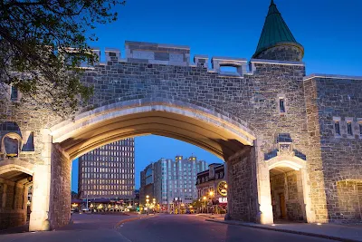 The historic fortifications of Quebec City stand in contrast to its modern cityscape. 