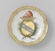 Schotel, veelkleurig beschilderd met chinoiserieën en het wapen van de Venetiaanse familie Morosini