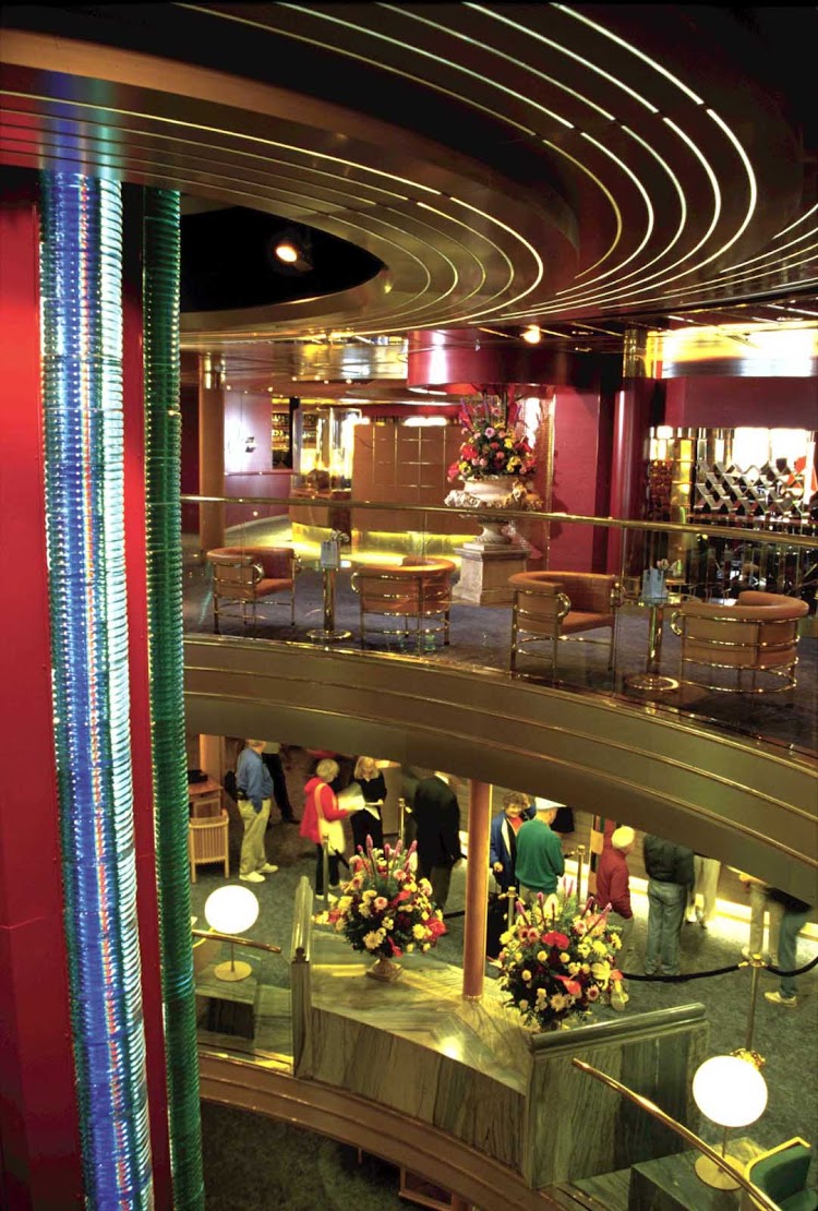 At the atrium of Holland America Line's Volendam is a monumental glass sculpture inspired by the myriad moods and colors of a kaleidoscope. It was created by Luciano Vistosi, one of Italy's leading contemporary glass artists.