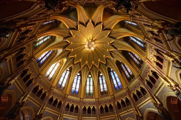 The golden dome inside the Parliament Building, Budapest, Hungary. 