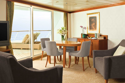 Enjoy intimate course-by-course dinner service in the comfort of your Seven Seas Aft Suite on Seven Seas Mariner.