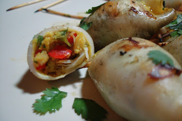 Grilled Calamari with Curried Crab Stuffing