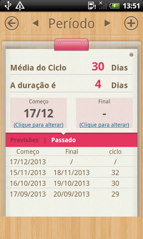 Calendário menstrual - screenshot