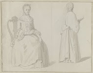 Op stoel zittende vrouw en vrouw met waaier op de rug gezien