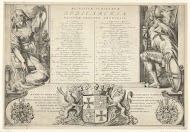 Legenda bij voorstelling van geschiedenis en werken van de Duitse Orde; wapens van de landcommandeur van Alden Biesen en twee orderidders