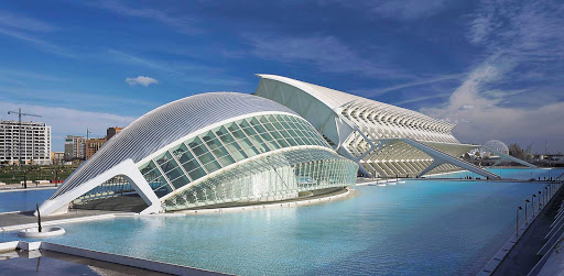 City of Arts and Sciences (Ciudad de las Artes y las Ciencias) is a display of arts, culture and architecture featuring eight buildings as well as scenic areas throughout. It's one of the most popular attractions in Valencia, Spain.