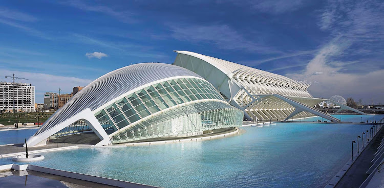 City of Arts and Sciences (Ciudad de las Artes y las Ciencias) is a display of arts, culture and architecture featuring eight buildings as well as scenic areas throughout. It's one of the most popular attractions in Valencia, Spain.