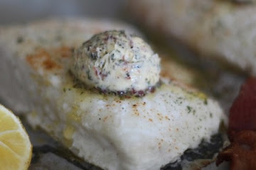 Simple Baked Halibut with Bacon Herb Butter