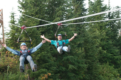 zipline-Grouse-Mountain-Vancouver-British-Columbia - Visitors go hands-free on a zipline at Grouse Mountain.