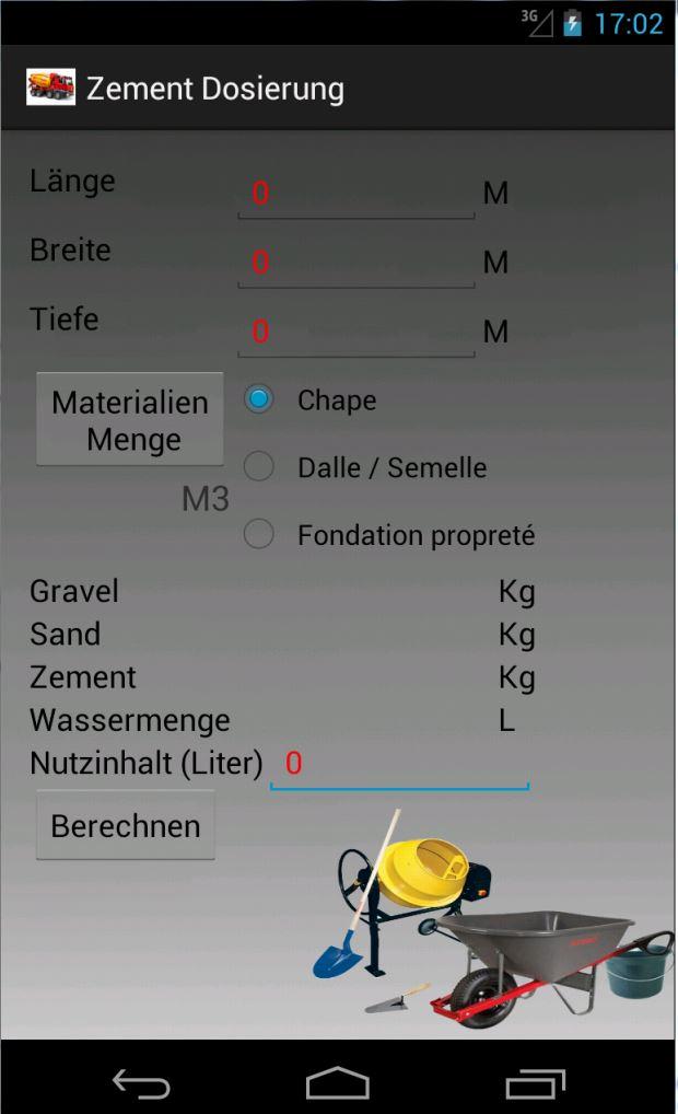 Android application Cement and concrete dosing screenshort