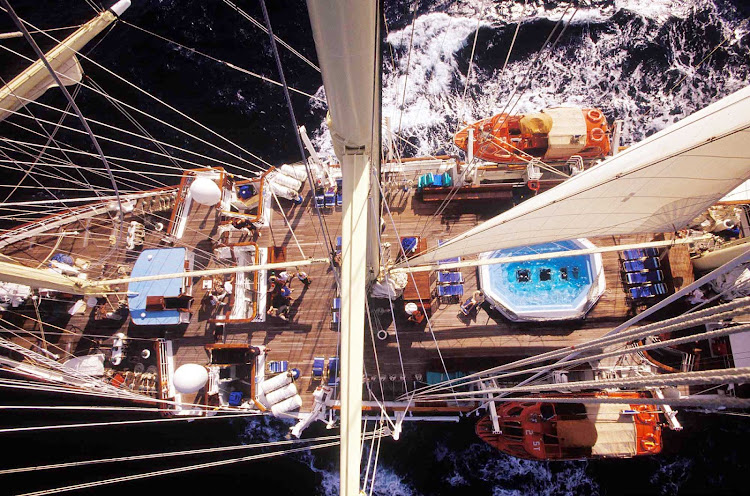 View of the rigging from the top of the mast on a Star Clippers sailing. 