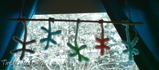 crystal snowflakes hanging in front of M's window