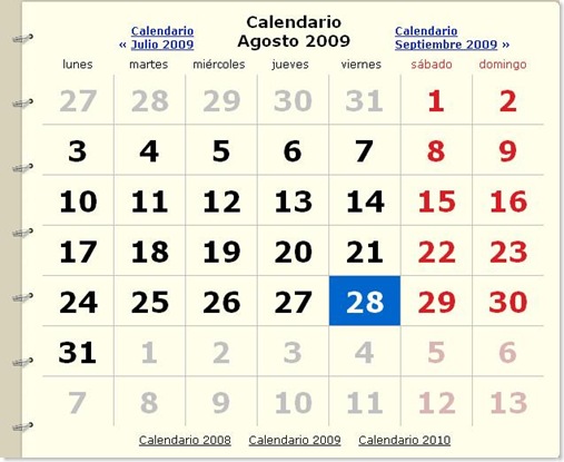 Calendario agosto 2009