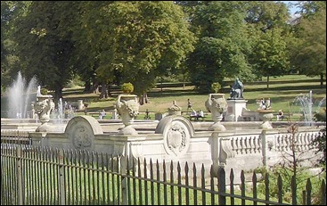 The Italian Garden in Kensington Gardens, London, with the Jenner Memorial (1862) by William Calder Marshall. 