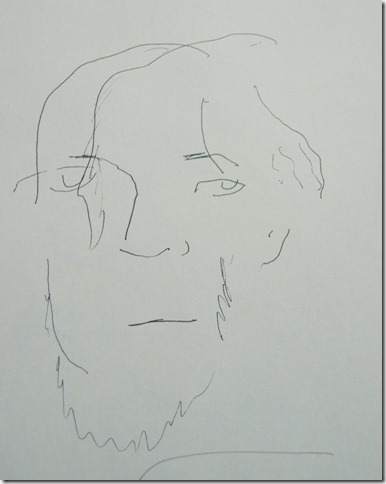 Pen drawing of man done without looking at paper
