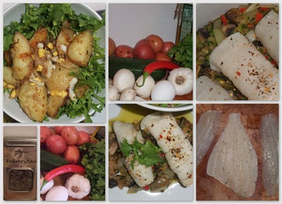 fiskeruller med sopp og salat med poteter og egg