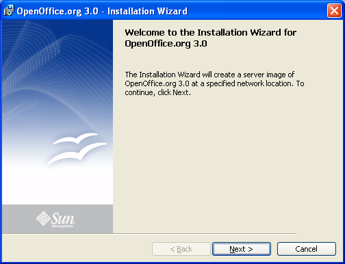 Screenshot: OpenOffice.org 3.0 network installation (administrative installation) opening dialog