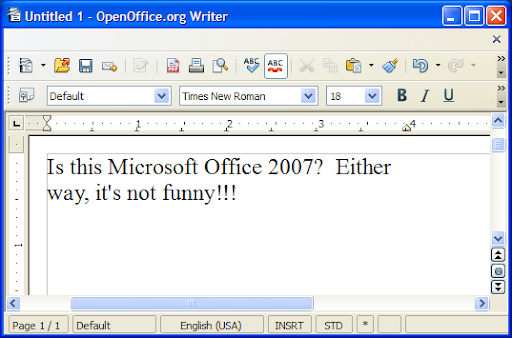 Screenshot: OpenOffice.org Writer April Fools' Prank showing missing menu bars resembling Microsoft Office 2007's ribbon UI
