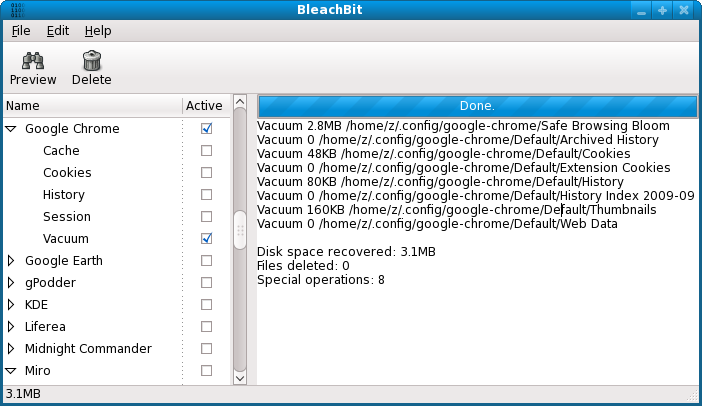 BleachBit 0.6.5 vacuuming Google Chrome 3 on Fedora 11 in English
