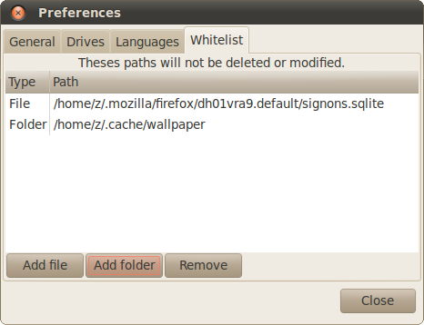 BleachBit 0.8.0 - Ubuntu 10.04 (Lucid Lynx) - Whitelisting Feature preferences