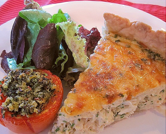 Crab Quiche with Stuffed Tomato and Spring Green Salad