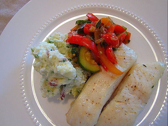 Roasted Halibut with Ratatouille & Green Onion-Goat Cheese Mashed Potatoes