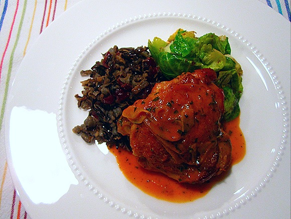 Chicken in Red Wine Vinegar Sauce, Wild Rice with Cranberries, Brussels Sprouts with Brown Butter & Garlic
