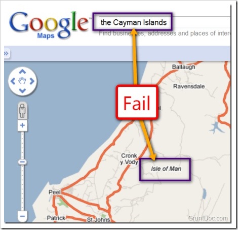 The picture shows a Google Maps fail when someone searched for the Cayman 