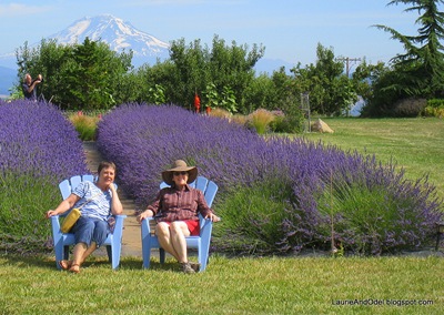Becky and Jewel take a break at the lavender farm with Mt. Adams in the background.