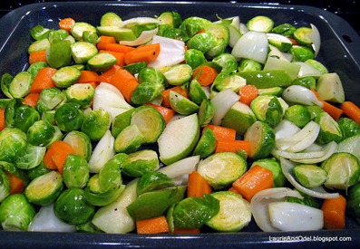 Ready to roast: Brussels sprouts, onion, pear, carrots