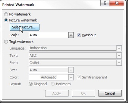 Printed Watermark, pilih Picture watermark