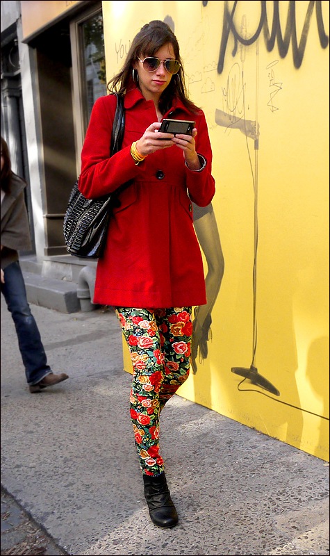 w red coat flowered pants