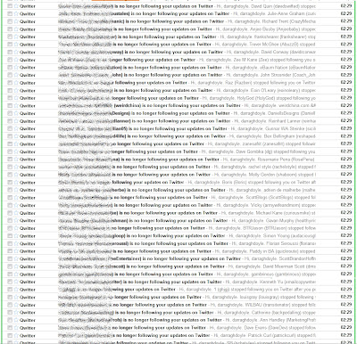 image shows screenshot of gmail account with some 50+ Qwitter emails saying so and so is no longer following your updates on Twitter