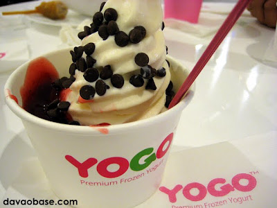 Hubby's picks for frozen yogurt toppings at YoGo: preserved strawberry and chocolate chips