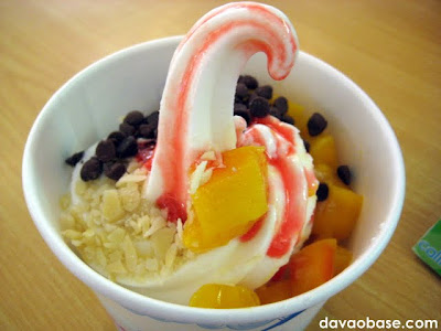 California Berry frozen yogurt with mango, crushed almonds and choco chips and drizzled with strawberry syrup