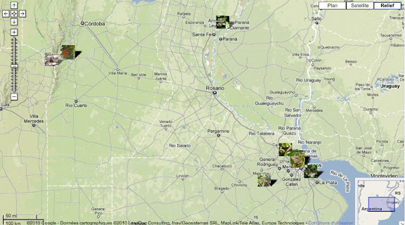 Localisation des photos du Dr Carlos Marzano en Argentine : région de Buenos Aires à l'Est, de Merlo et Villa Amancay à l'Ouest, de Santa Fe (au Nord)