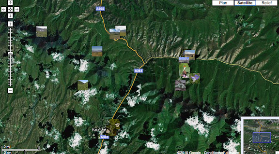 Localisation des sites autour de la Dolon Pass : au nord, le col du Dolon (3100 m), à l'est la vallée de Kichi-Kara-Kuchur et, au sud, Kara Unkur
